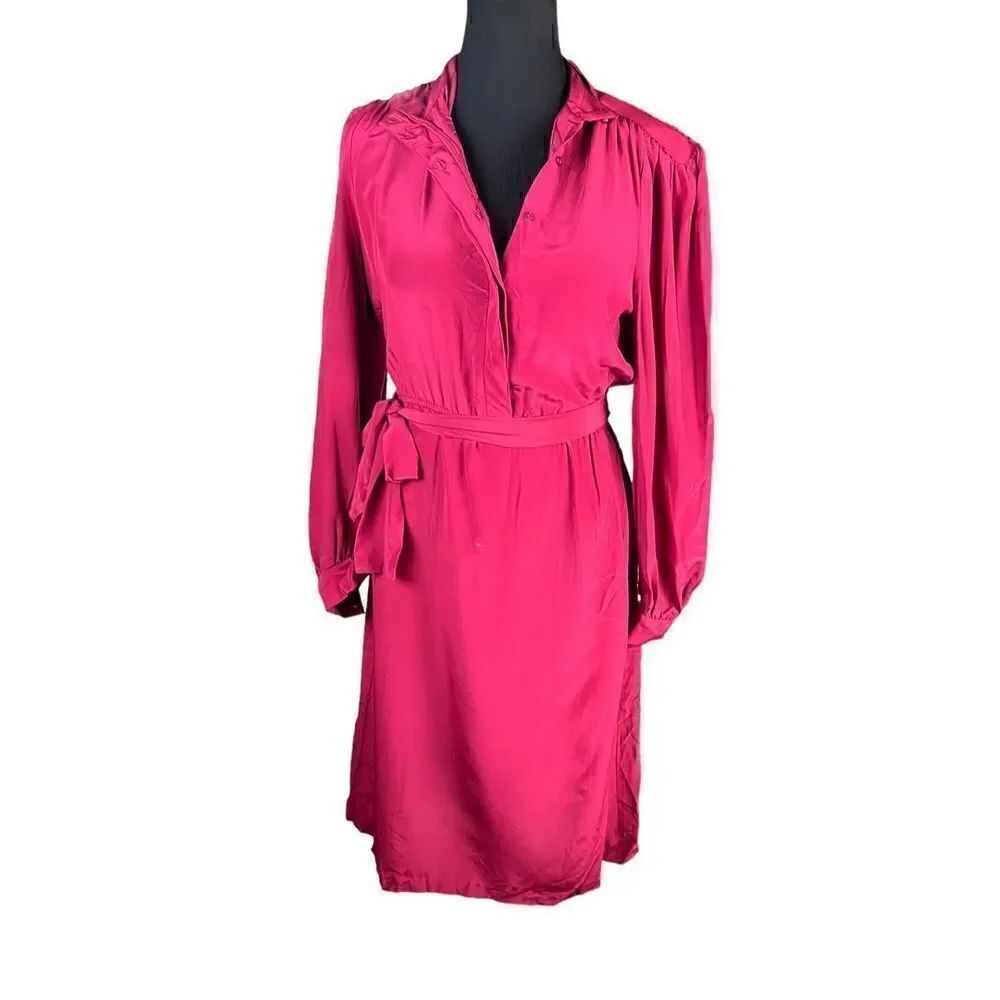 Vintage 100% silk 80’s glam cranberry  button up cinched waist holiday dress